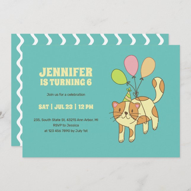 Cute Cat Cartoon With Balloon Kids Birthday Invitation (Front/Back)