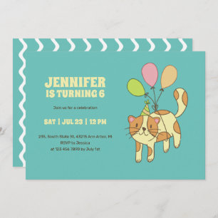 Cute Cat Cartoon With Balloon Kids Birthday Invitation