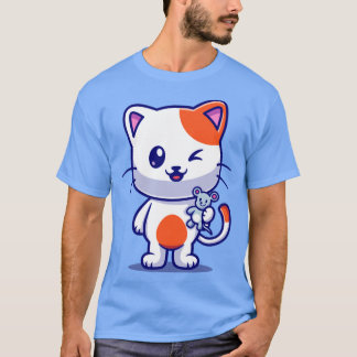 Cute Cat Catches Baby Mouse Cartoon T-Shirt