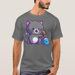 Cute Cat Catching Fish In Aquarium Cartoon T-Shirt