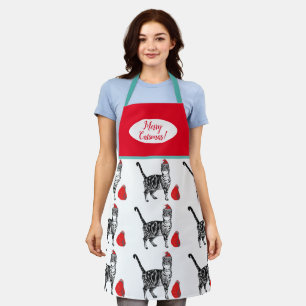 Cute Cat Cats Merry Christmas Red white Apron