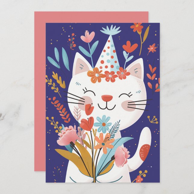Cute Cat Celebration Birthday Invitation Card (Front/Back)