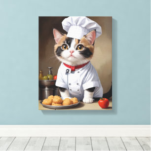Cute Cat Chef with Pasta Funny Cooking Canvas Print