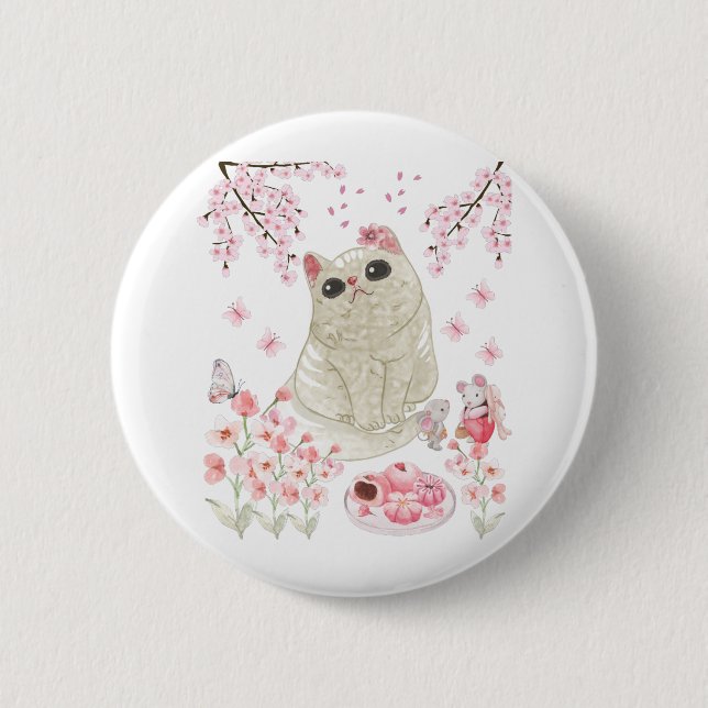 Cute Cat Cherry Blossom 6 Cm Round Badge (Front)