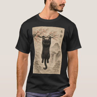 Cute Cat Cherry Blossom Japanese Edo Woodblock T-Shirt