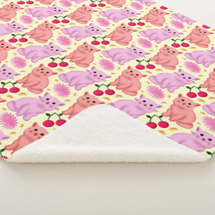 Cute Cat Cherry Floral Pattern   Kawaii Kitty  Sherpa Blanket