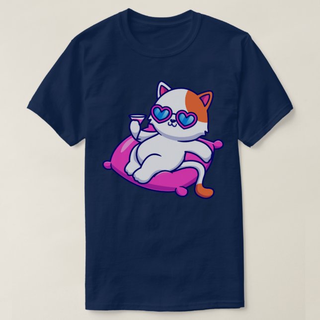 Cute Cat Chill On Pillow With Juice Cartoon T-Shirt (Design Front)
