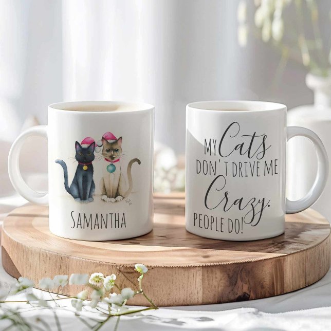 Cute Cat Christmas Coffee Mugs (Cat Christmas mugs watercolor snow shoe and black cat by Victoria Grigaliunas Do Tell A Belle)