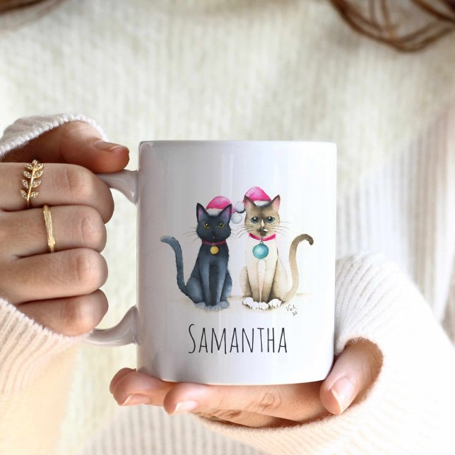 Cute Cat Christmas Coffee Mugs (Christmas coffee mugs feature a black cat and a siamese cat in watercolor by Victoria Grigaliunas)