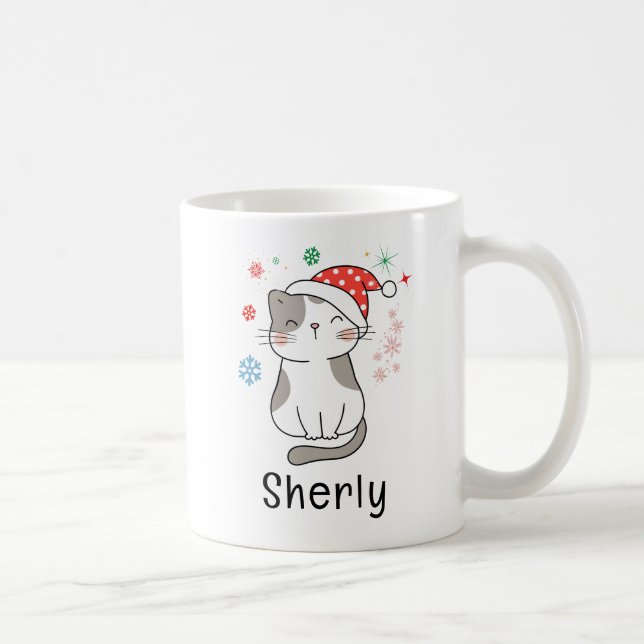 Cute Cat Christmas Custom Name Coffee Mug (Right)