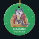 Cute Cat Christmas Kitty Snowy Winter Holiday Ceramic Tree Decoration<br><div class="desc">Cute cartoon animal ornament for kids and children. Perfect for first Christmas celebration with family. You can customise the text for any occasion.</div>
