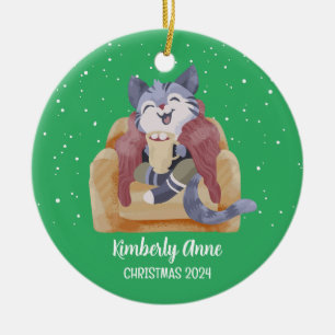 Cute Cat Christmas Kitty Snowy Winter Holiday Ceramic Tree Decoration