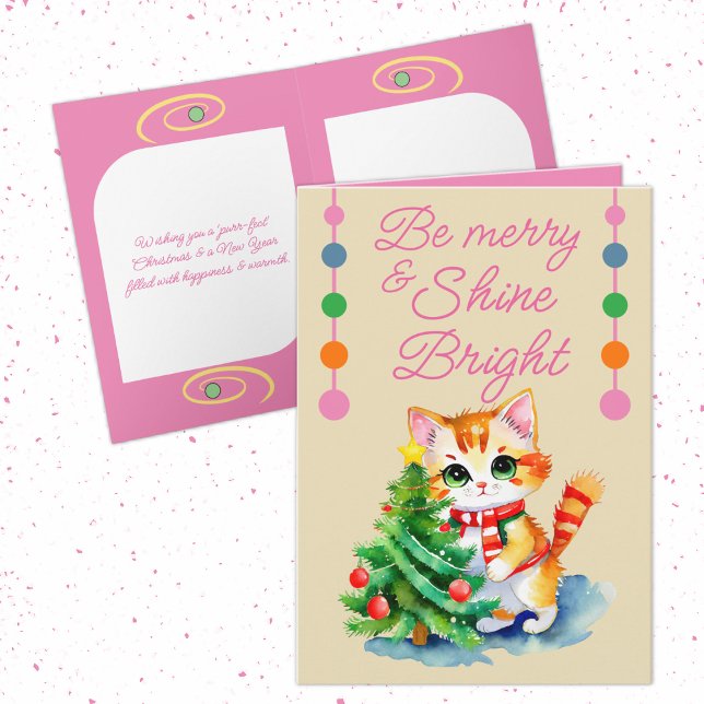 Cute cat & Christmas tree be merry cream pink Holiday Card (Creator Uploaded)