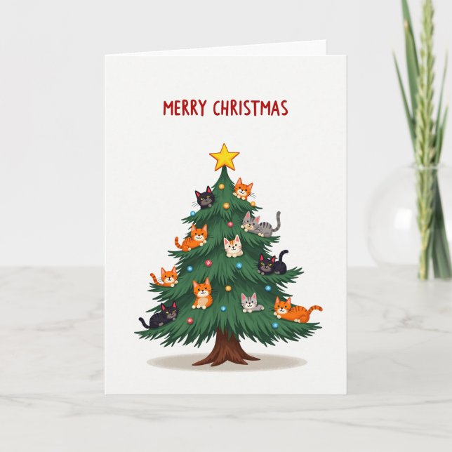 Cute Cat Christmas Tree Merry Holiday Card (Front)