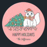 Cute Cat Christmas Tree Snowy Winter Holiday Classic Round Sticker<br><div class="desc">Cute party favours for kids,  boys or girls who love animals. Perfect for Christmas gift,  kids birthday party,  party favours and thank you label. You can customise the text for any occasion.</div>