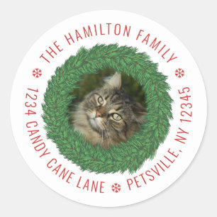 Cute Cat Christmas Wreath Pet Photo Return Address Classic Round Sticker