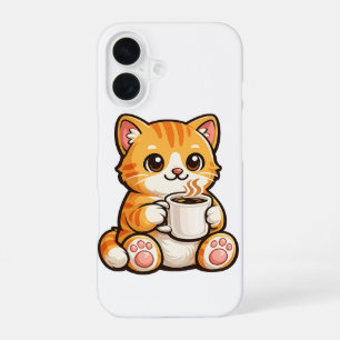 Cute Cat Coffee – Cozy Orange Cat Drinking Coffee iPhone 16 Case