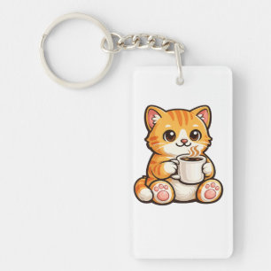 Cute Cat Coffee – Cozy Orange Cat Drinking Coffee  Key Ring