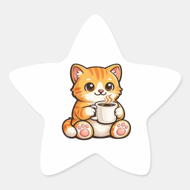Cute Cat Coffee – Cozy Orange Cat Drinking Coffee  Star Sticker (Front)