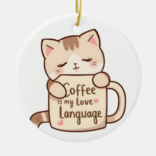 Cute Cat Coffee Love Language Ceramic Tree Decoration