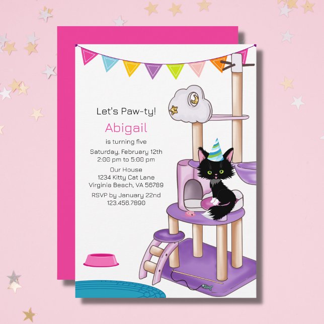Cute Cat Colourful Pink Modern Kids Birthday Party Invitation (Creator Uploaded)