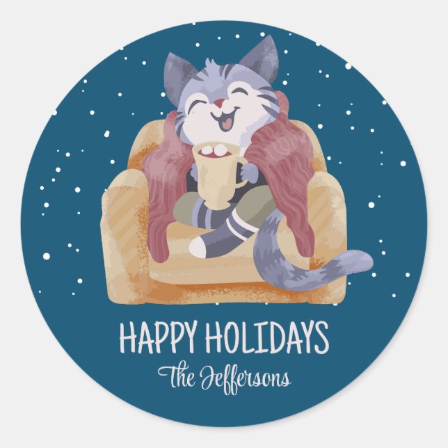 Cute Cat Cosy Christmas Animal Snow Winter Holiday Classic Round Sticker (Front)