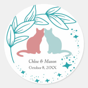 Cute Cat Couple and Unique Greenery Classic Round Sticker