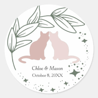 Cute Cat Couple and Unique Greenery  Classic Round Sticker