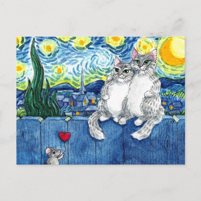 Cute cat couple mouse romantic Van Gogh postcard (Front)