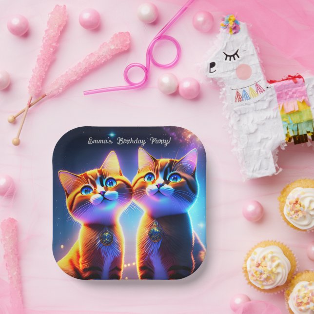 Cute cat couple under the starry sky -      paper plate (Party)
