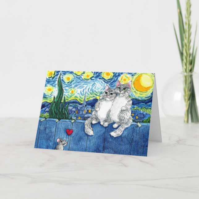 Cute Cat Couple Van Gogh Starry Night Card (Front)