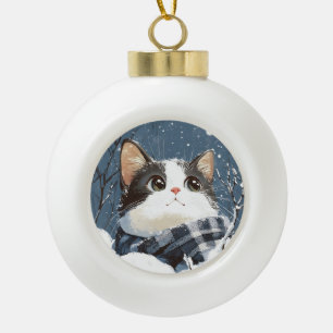 Cute cat cozy winter snow ceramic ball christmas ornament