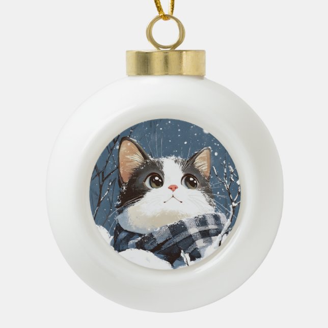 Cute cat cozy winter snow ceramic ball christmas ornament (Front)