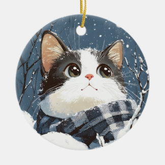 Cute cat cozy winter snow ceramic tree decoration