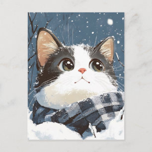 Cute cat cozy winter snow postcard