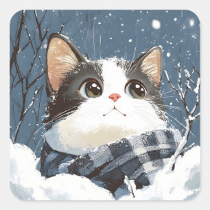 Cute cat cozy winter snow square sticker