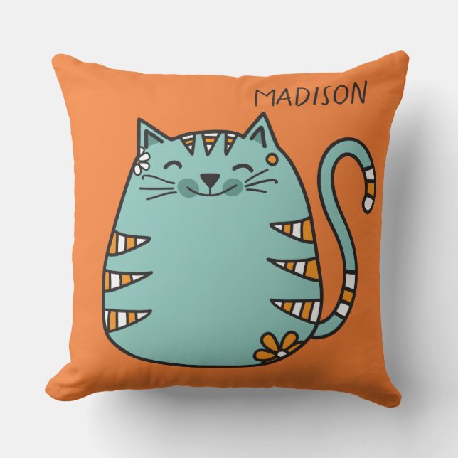 Cute Cat custom name & colour throw pillows (Front)