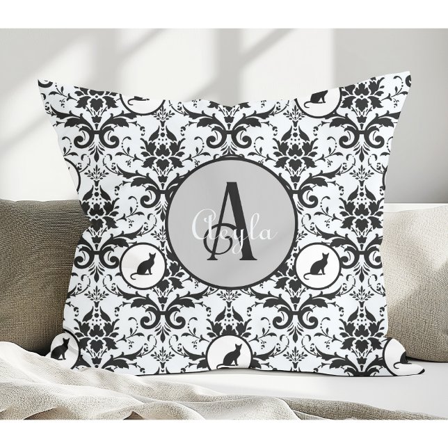 Cute Cat Damask Personalised Polka Dots Cushion (Creator Uploaded)
