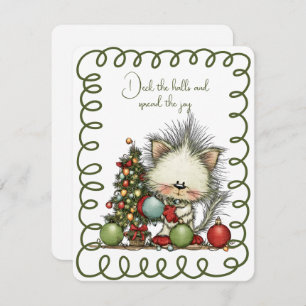 Cute Cat Decorating the Christmas Tree Holiday Card