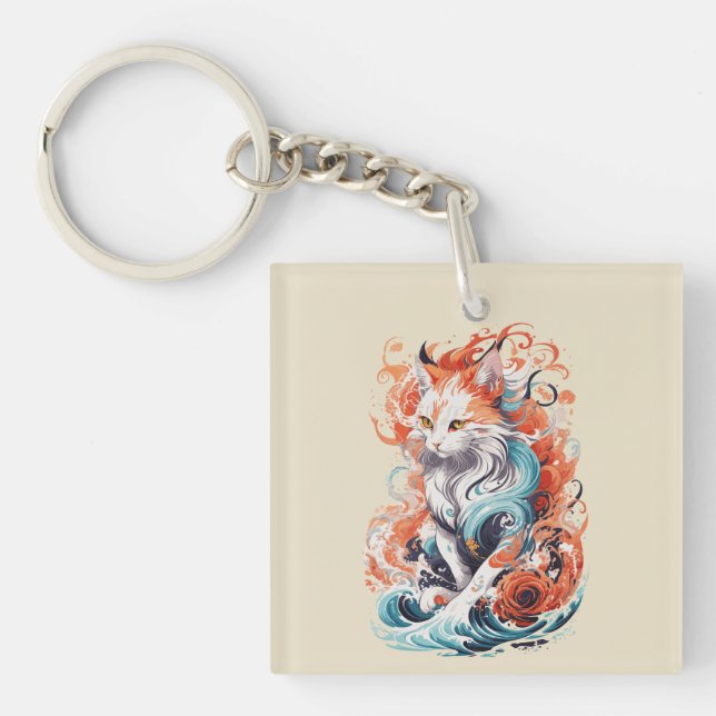 Cute Cat Design In Neo Traditional Style Key Ring (Front)