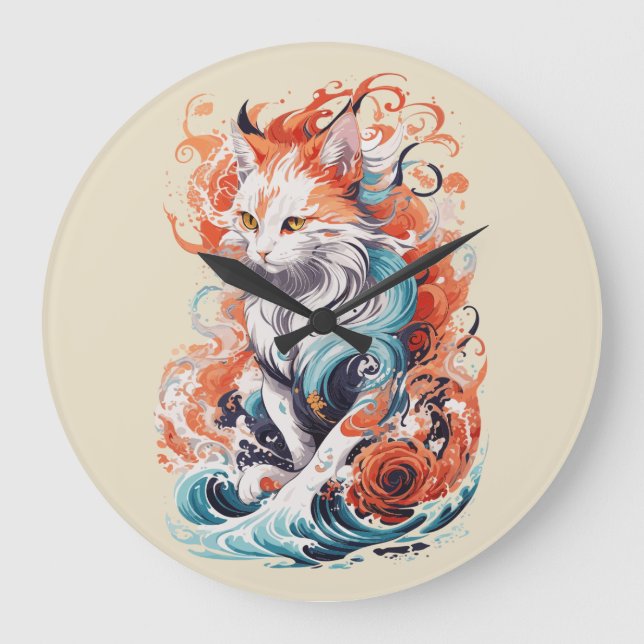Cute Cat Design in Neo Traditional Style Large Clock (Front)