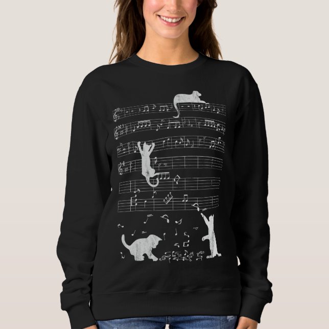 Cute Cat Distressed Music Notes Kitty Piano Musici Sweatshirt (Front)