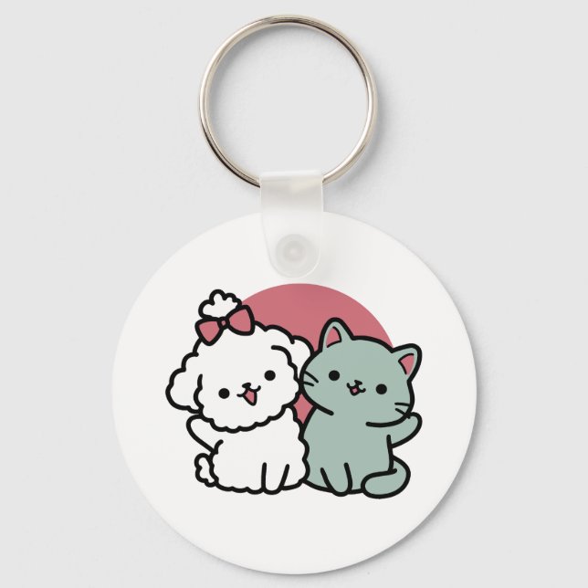 Cute Cat & Dog 'Fur-Real Friends Forever' Design Key Ring (Front)