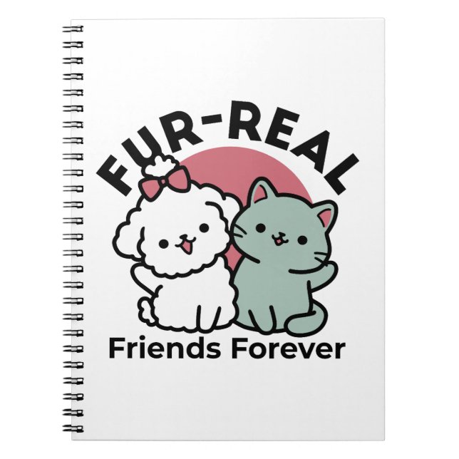 Cute Cat & Dog 'Fur-Real Friends Forever' Design Notebook (Front)