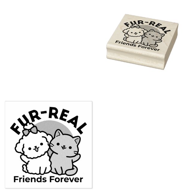 Cute Cat & Dog 'Fur-Real Friends Forever' Design Rubber Stamp (Stamped)