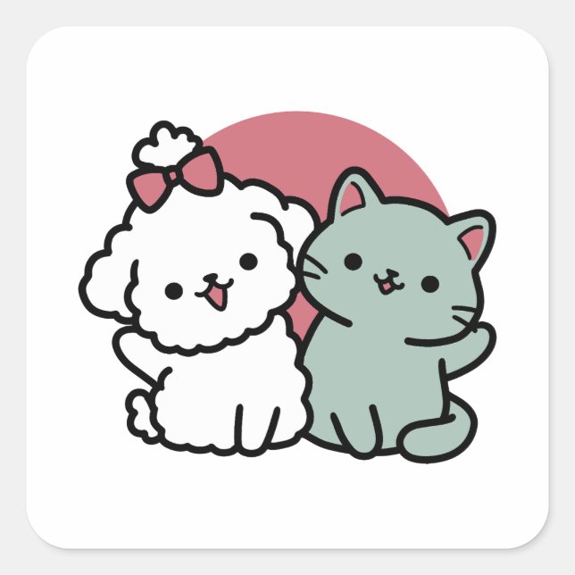 Cute Cat & Dog 'Fur-Real Friends Forever' Design Square Sticker (Front)