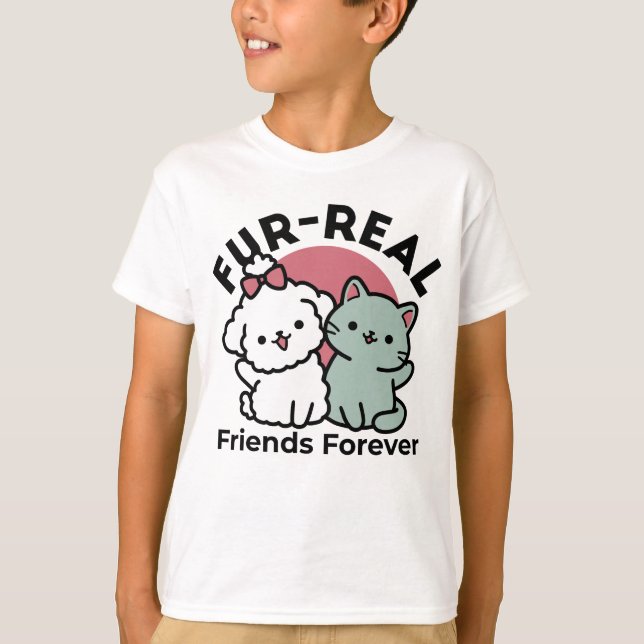 Cute Cat & Dog 'Fur-Real Friends Forever' Design T-Shirt (Front)