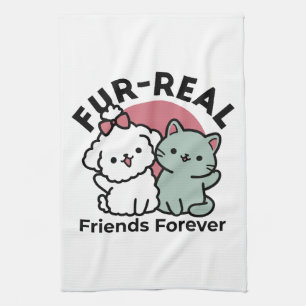 Cute Cat & Dog 'Fur-Real Friends Forever' Design Tea Towel