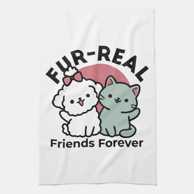 Cute Cat & Dog 'Fur-Real Friends Forever' Design Tea Towel (Vertical)