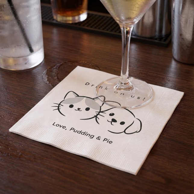 Cute Cat & Dog Line Art "Drink on Us!" Cocktail Na Napkin (Creator Uploaded)